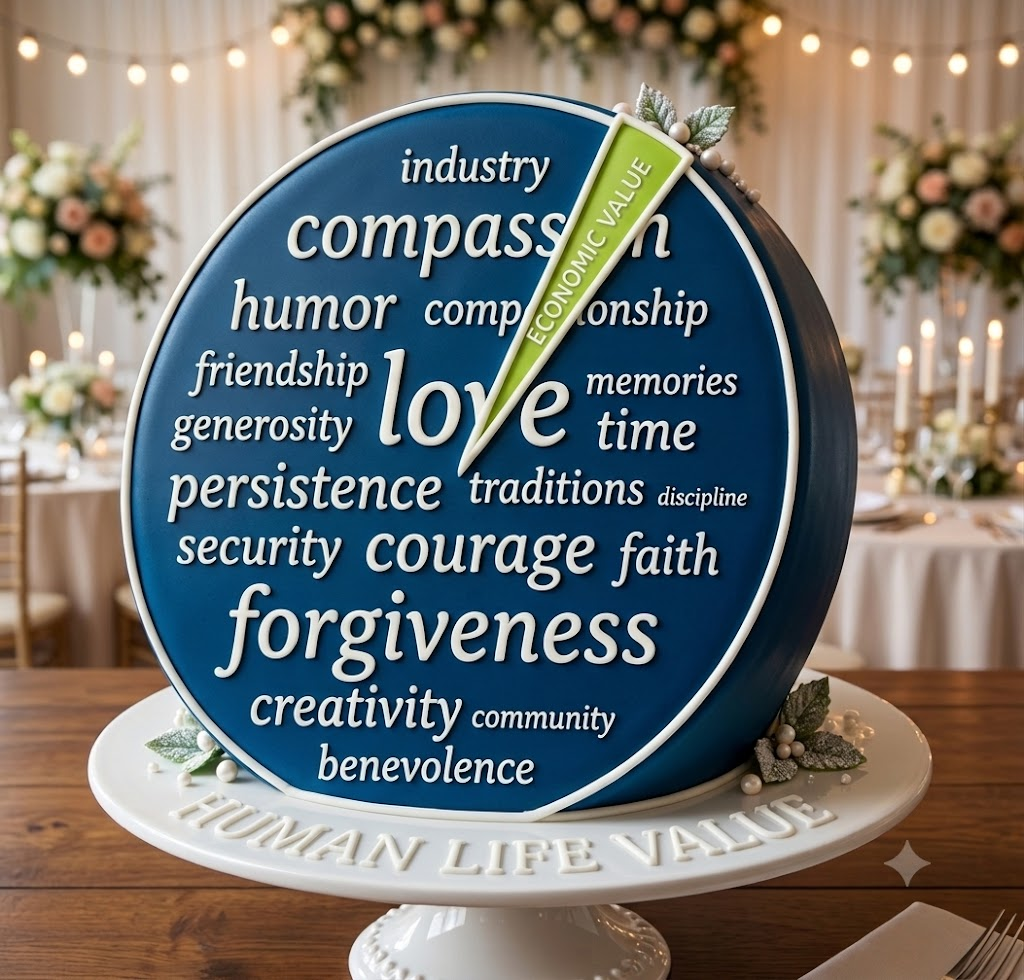 Human Life Value illustration: a cake labelled with love, compassion, forgiveness, courage, faith and other qualities, with a small slice marked 'economic value'.